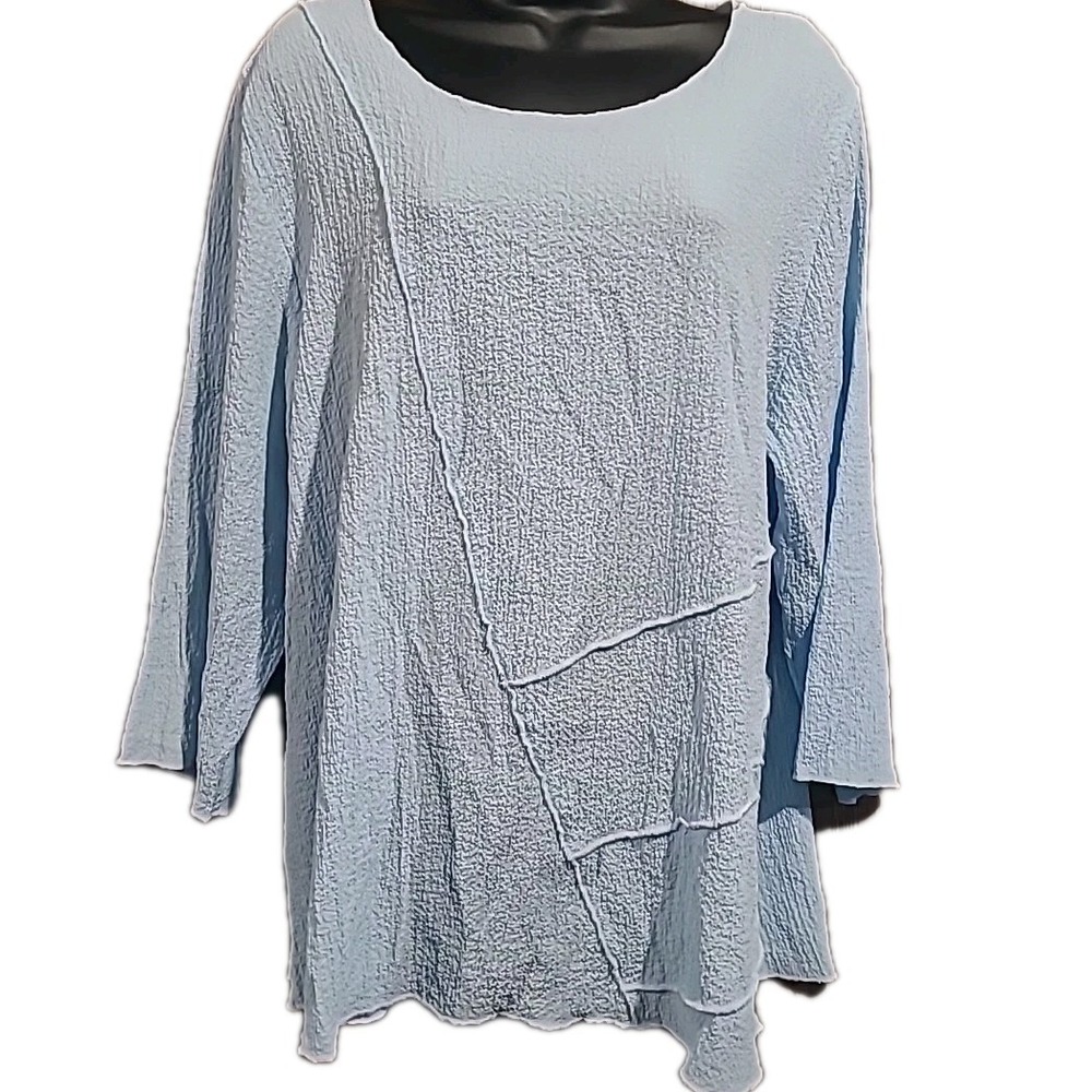 Lulu-B Light Blue Seersucker Top Size L Asymmetric Seams 3/4 Slv Beachy Light